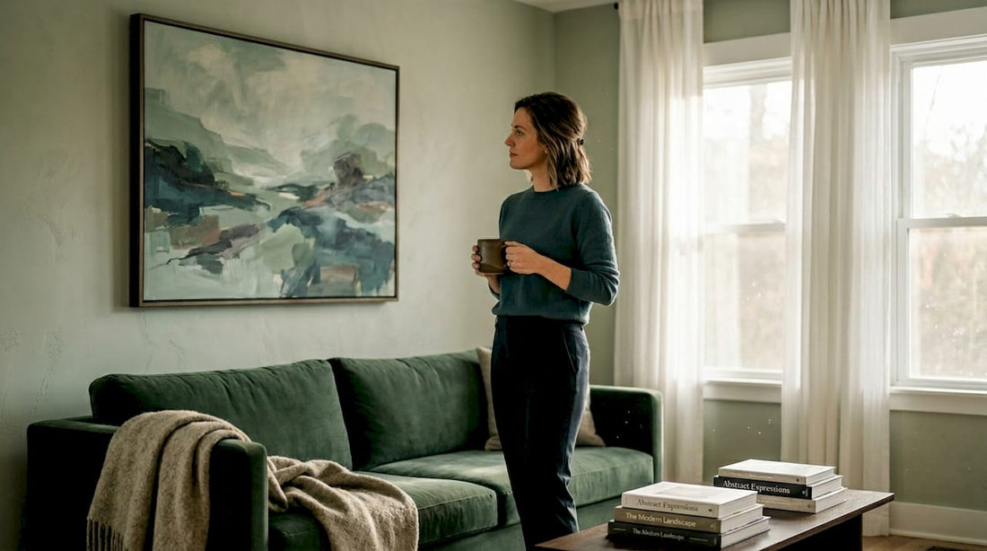Woman viewing landscape art in sunlit living room