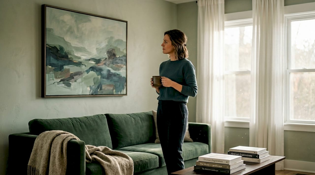 Woman viewing landscape art in sunlit living room