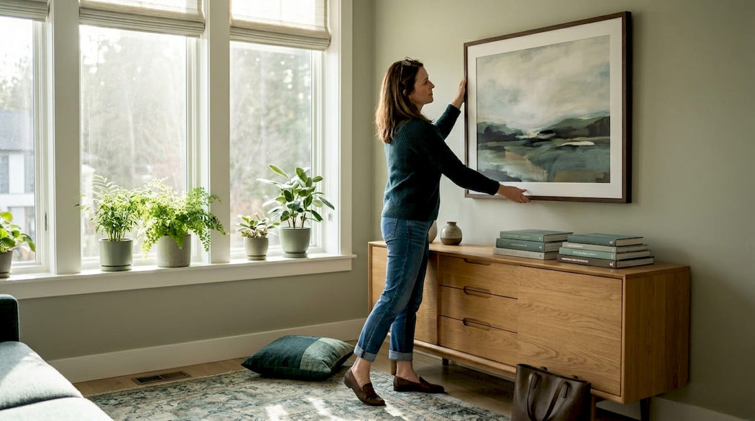 Woman arranging artwork in sunlit living room