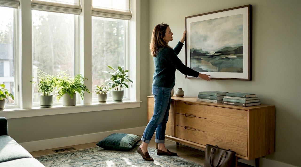 Woman arranging artwork in sunlit living room