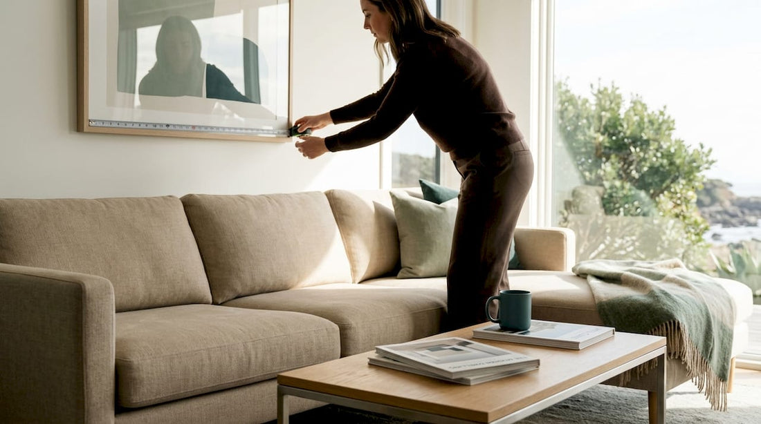 Measuring and hanging art in an apartment living room