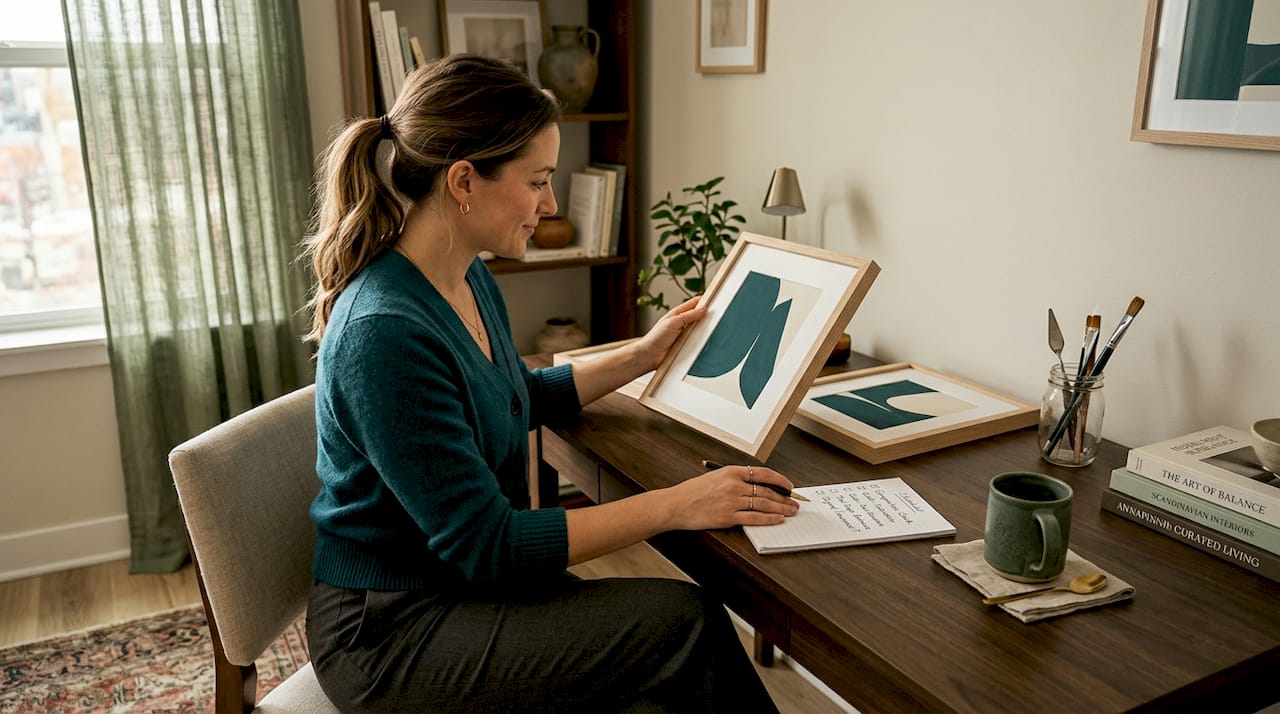 Woman compares framed art prints at home table