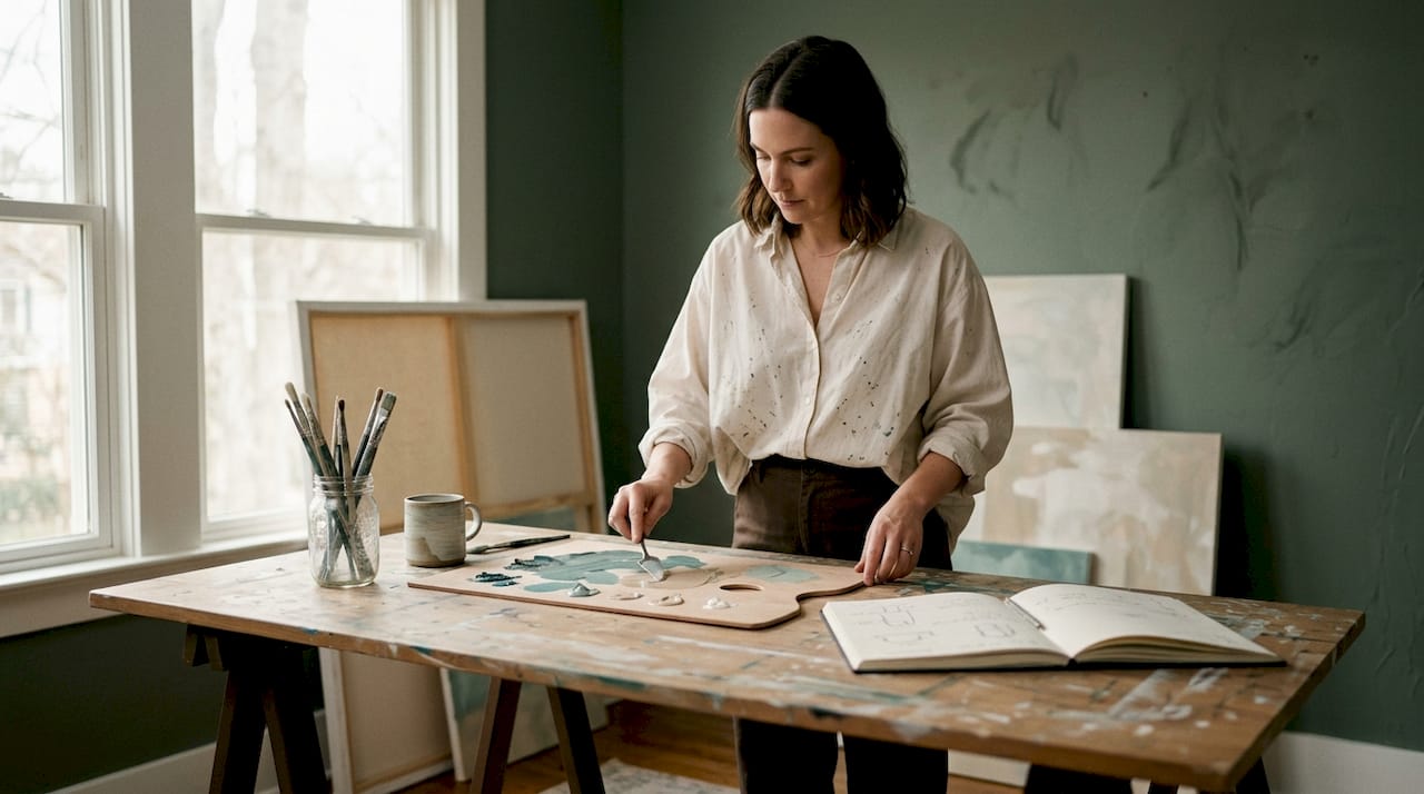 Artist blends colors in sunlit studio workspace