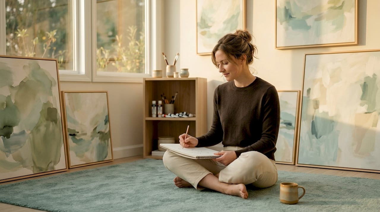 Woman drawing in art-filled calm living room