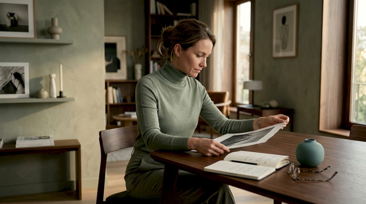 Woman inspecting limited edition print at home