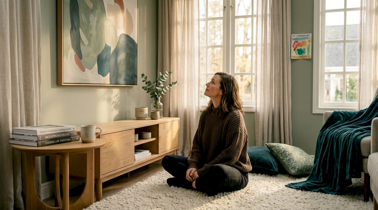 Woman connecting with art in cozy living room